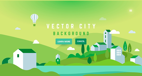 Landscape with air balloon - abstract horizontal banner. Nature in the city banner with typography, green theme - greeting card, poster. Web header.