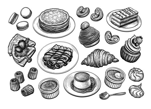 französische desserts und gebäck große menge. - pancake blini russian cuisine french cuisine stock-grafiken, -clipart, -cartoons und -symbole