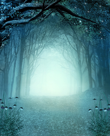 Magic secret passage in a mystic autumnal foggy woodland – 3D render