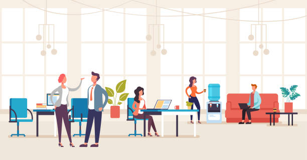 People office workers characters talking and working. Office life interior concept. Vector flat graphic design illustration People office workers characters talking and working. Office life interior concept. Vector flat graphic design office work stock illustrations