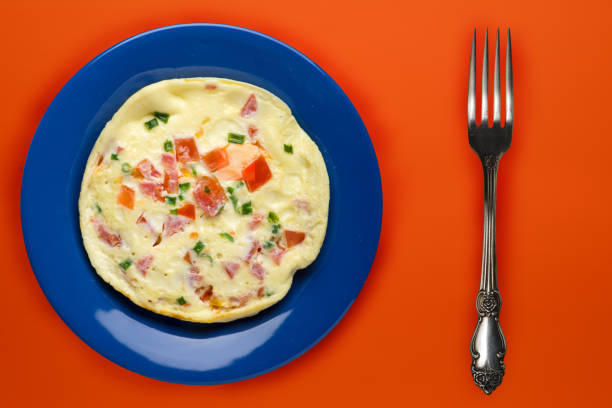 istock omelet on a blue plate on an orange background. healthy breakfast top view. 1183624976