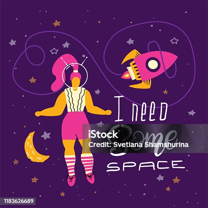 istock Plus size woman in space. Body positivity humor concept - all bodies are good bodies. I need some space lettering quote. Vector illustration 1183626689