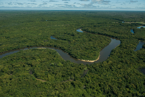 Aerial view of Rio Negro (Black River), in the Brazilian wetlands, know as Pantanal, in Aquidauana, Mato Grosso do Sul, Brazil
