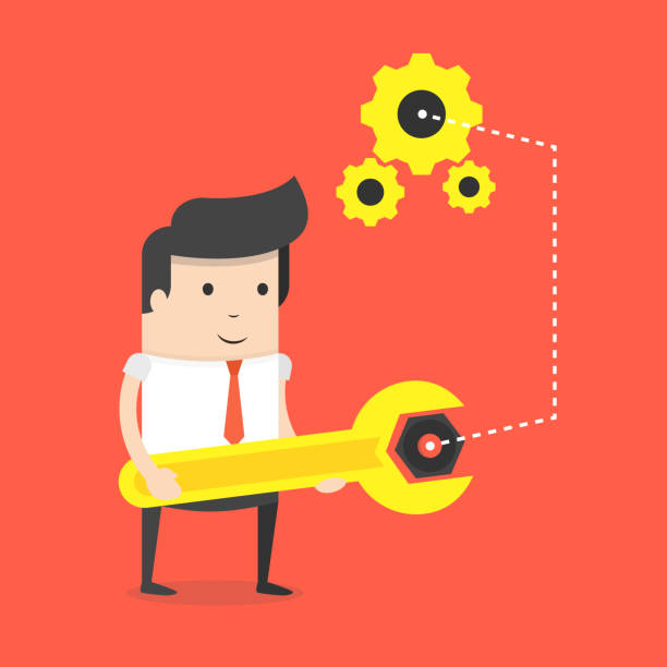 istock Businessman with spanner in hand. Man in suit, manager adjusts some mechanism. Support and service concept. Flat cartoon style. Vector illustration. 1183633513