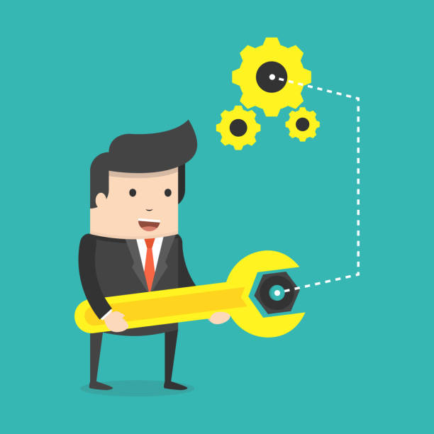 istock Businessman with spanner in hand. Man in suit, manager adjusts some mechanism. Support and service concept. Flat cartoon style. Vector illustration. 1183633514