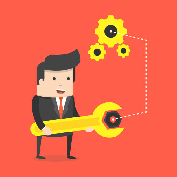 istock Businessman with spanner in hand. Man in suit, manager adjusts some mechanism. Support and service concept. Flat cartoon style. Vector illustration. 1183633533