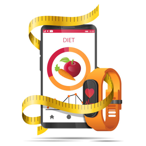 ilustrações, clipart, desenhos animados e ícones de aplicativo de dieta conceito com fita métrica, smartphone e relógio de fitness realista - dieting healthy eating healthy lifestyle tape measure