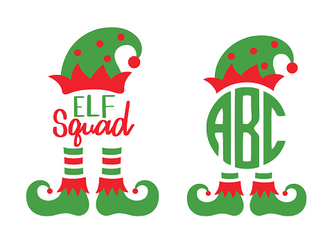 Cute elf squad monogram frame vector illustration. Christmas elf hat and boots.