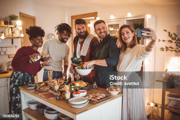 New Year Dinner Preparation Selfie Stock Photo - Download Image Now - Party - Social Event, Kitchen, Christmas