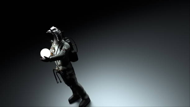 istock Astronaut with a glow sphere in his hands, which turns into a bush with green leaves, 3d render background, computer generated backdrop 1183644103