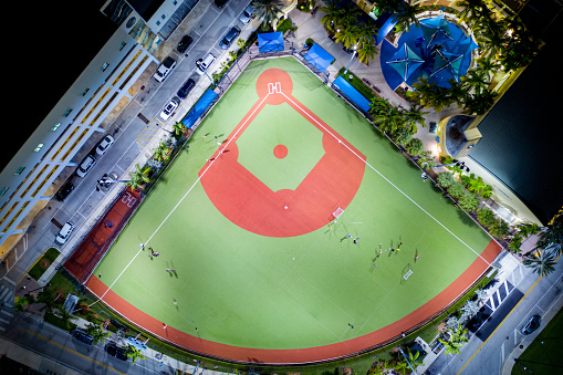 Aerial photo baseball field lit at night