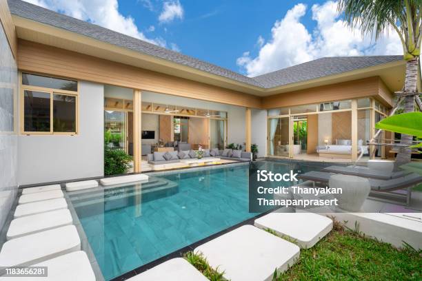 Home Or House Exterior Design Showing Tropical Pool Villa With Greenery Garden Stock Photo - Download Image Now