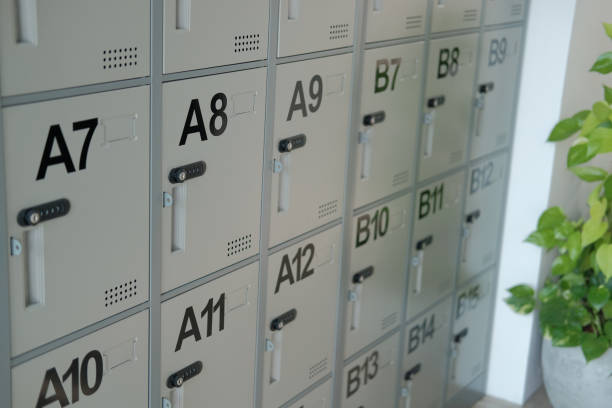 istock metal school lockers in locker room 1183657120
