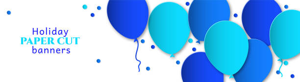 축하를위한 수평 배너. 흰색 배경에 파란색 비행 공입니다. 종이 컷, 생일, 결혼식을위한 예술의 스타일로 디자인. - coupon horizontal christmas birthday stock illustrations