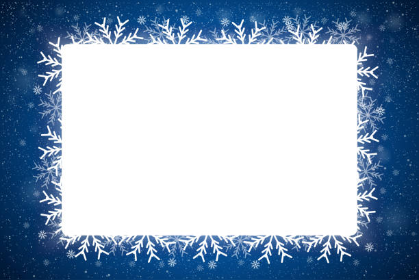 Rectangle frame style with fall shining snow and snowflakes. Merry Christmas, New Year. Winter holiday rectangle frame style with fall shining snow. Falling white snow with blue winter sky. Merry Christmas, New Year background, banner, poster, card. Vector frames snowflakes illustration. snowflake shape borders stock illustrations