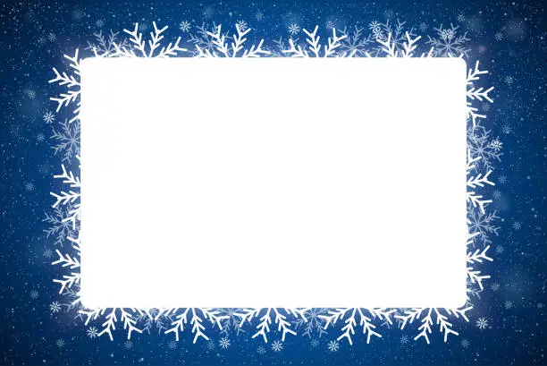 Vector illustration of Rectangle frame style with fall shining snow and snowflakes. Merry Christmas, New Year.
