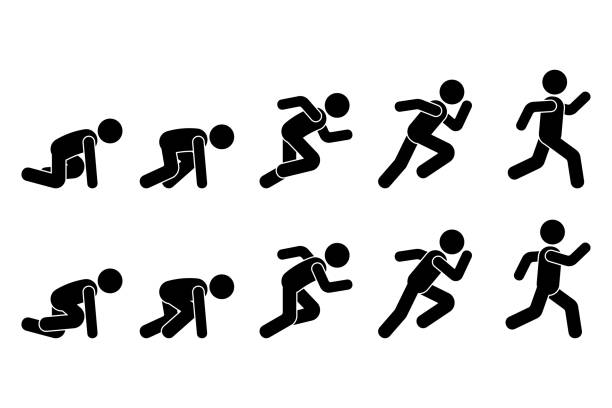 illustrations, cliparts, dessins animés et icônes de stick figure runner sprinter séquence icône vector pictogram. silhouette basse de symbole de signe d'homme de commencement bas de démarrage sur des ondes sur le fond blanc - move back