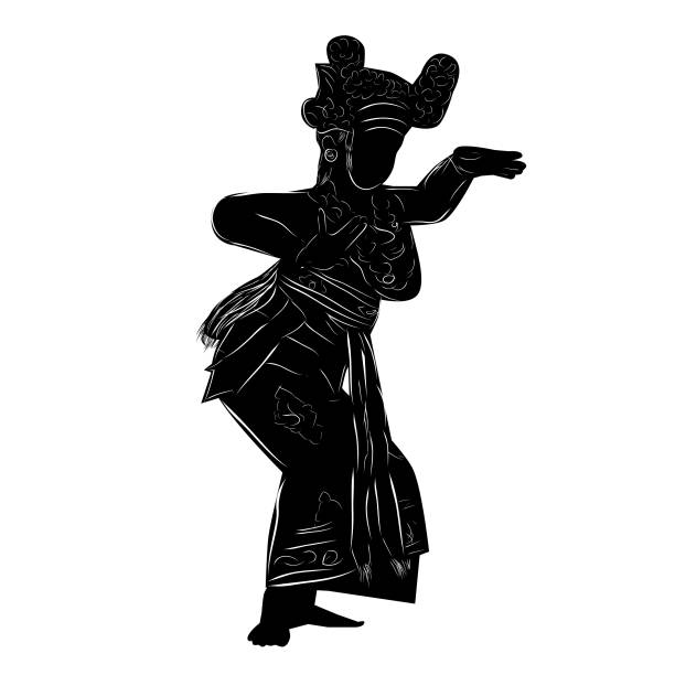 illustrazioni stock, clip art, cartoni animati e icone di tendenza di semplice disegno a mano vettoriale schizzo e silhouette della giovane ragazza tradizionale bali indonesia ballerina - danza del legong immagine