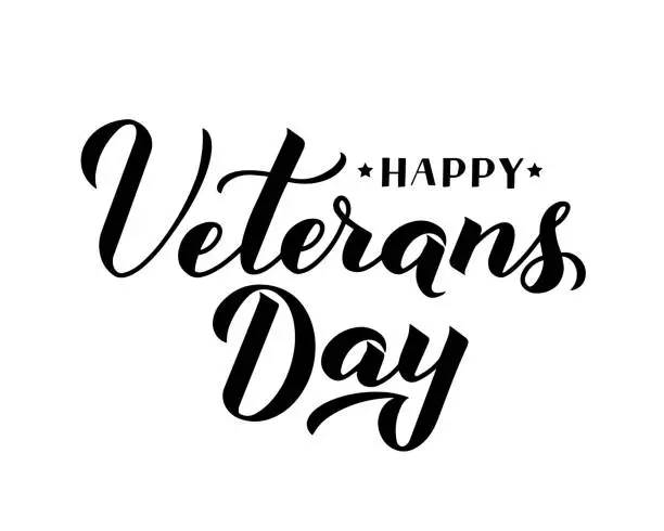 Vector illustration of Happy Veterans Day calligraphy hand lettering isolated on white. American holiday typography poster. Easy to edit vector template for, banner, flyer, sticker, greeting card, postcard, t-short, etc.