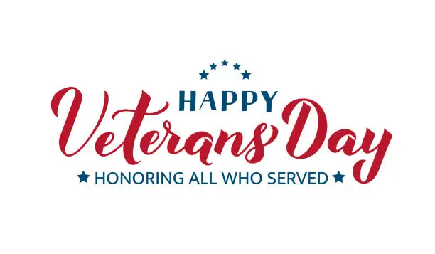 Vector illustration of Happy Veterans Day calligraphy hand lettering isolated on white. American holiday banner. Easy to edit vector template for typography poster, flyer, sticker, greeting card, postcard, t-shirt, etc.