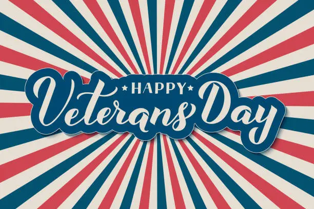 Vector illustration of Happy Veterans Day calligraphy hand lettering. Retro patriotic background in colors of American flag. Vector template for typography banner, poster, flyer, sticker, greeting card, postcard, etc.