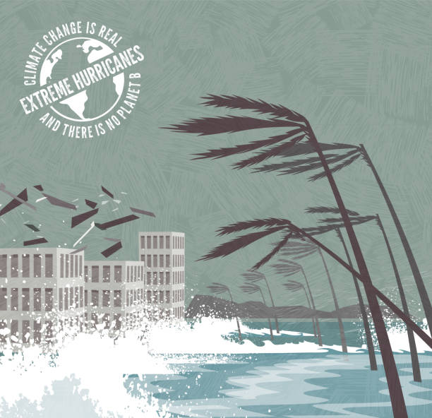 Extreme Hurricane with flying debris and waves pounding buildings, palm trees blowing over. Signs of Climate change. Extreme Hurricane with flying debris and waves pounding buildings, palm trees blowing over.  Climate change global warming series with warning stamp. Vector illustration. hurricane stock illustrations