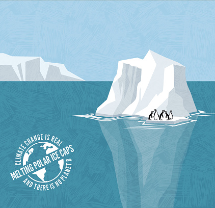 Stranded penguins on iceberg. Melting polar Ice caps and rising sea levels. Climate change global warming series with warning stamp. Vector illustration.