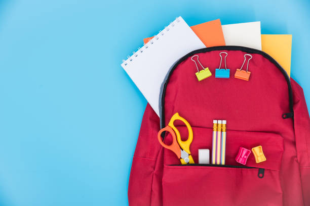 istock Top view Red bag backpack for education children 1183672662