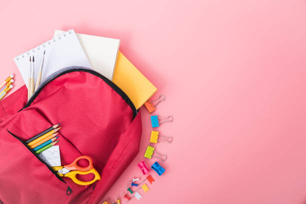 istock Top view Red bag backpack for education children 1183672691