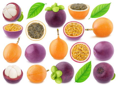 Large collection of exotic fruits - passion fruit, mangosteen and granadilla, isolated on a white background with clipping path. As package design element.