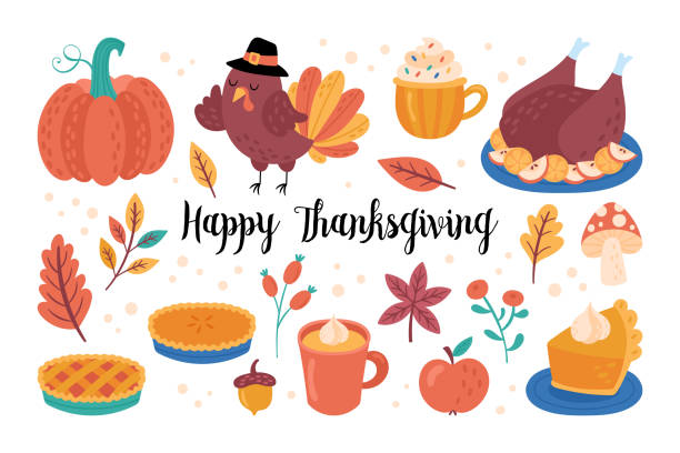 Thanksgiving holiday cute elements set. Childish print for cards, stickers and party invitations. Thanksgiving holiday cute elements set. Childish print for cards, stickers and party invitations. Vector illustration thanksgiving holiday travel stock illustrations