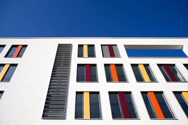 Glass facades of modern office buildings.