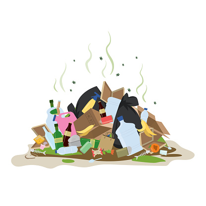Big smelly pile of garbage. Bad smell trash. Waste recycling. Isolated on white background. Flat vector illustration