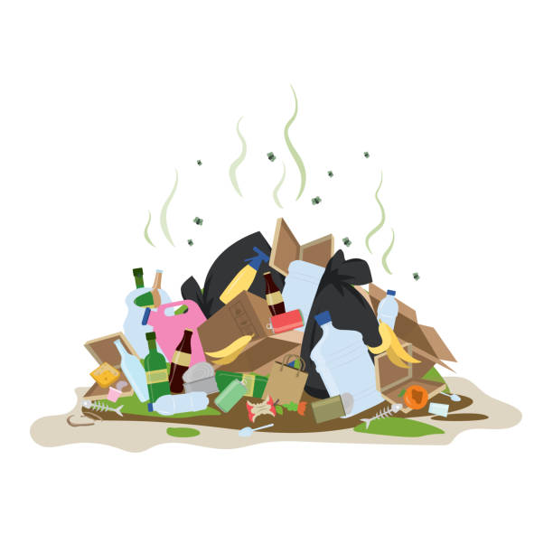Big smelly pile of garbage. Bad smell trash.Isolated on white background. Big smelly pile of garbage. Bad smell trash. Waste recycling. Isolated on white background. Flat vector illustration garbage dump stock illustrations