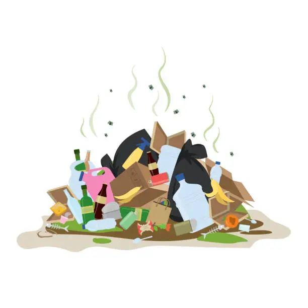 Vector illustration of Big smelly pile of garbage. Bad smell trash.Isolated on white background.