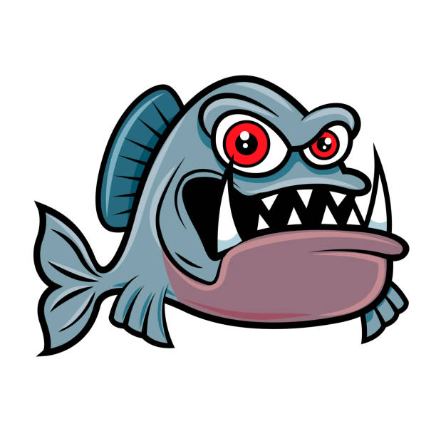 illustrazioni stock, clip art, cartoni animati e icone di tendenza di cartoon arrabbiato piranha personaggio pesce con grandi occhi rossi - mascotte vettoriale - piranha
