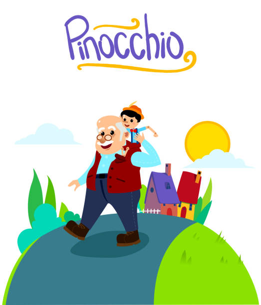 ilustrações de stock, clip art, desenhos animados e ícones de pinocchio and gepetto tale vector illustration book cover with handmade font - pinocchio fairy tale puppet picture book