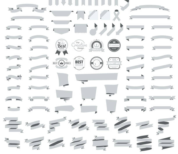 Set of Gray Ribbons, Banners, badges, Labels - Design Elements on white background Set of Gray ribbons, banners, badges and labels, isolated on a blank background. Elements for your design, with space for your text. Vector Illustration (EPS10, well layered and grouped). Easy to edit, manipulate, resize or colorize. corner ribbon stock illustrations