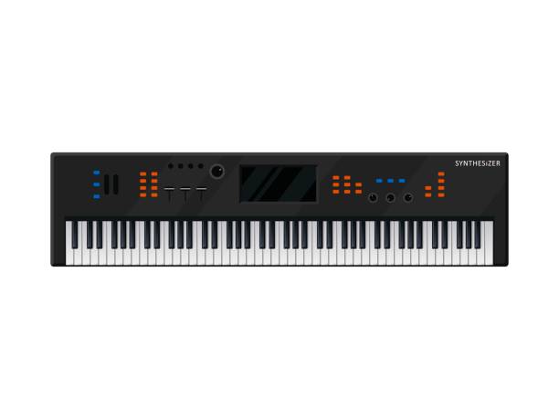 istock Music Synthesizer keyboard isolated on white background. Piano musical instruments. Electronic machine DJ equipment techno. Digital instrument icon producer record stereo. Studio mixer equalizer. 1183703280