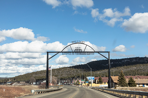 Williams, Arizona - March 7, 2019: entering the iron town gate to the city of Williams, the gateway to the Grand Canyon.