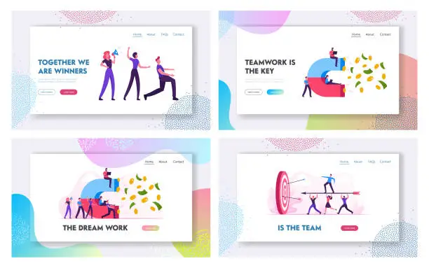 Vector illustration of Earning Internet Technologies, Teamwork and Money Attraction Website Landing Page Set. People Attract Income with Magnet, Marketing Goals Achievement Web Page Banner. Cartoon Flat Vector Illustration