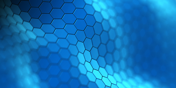 Blue digital technological background with steel hexagon cells. 3d abstract illustration of honeycomb structure.