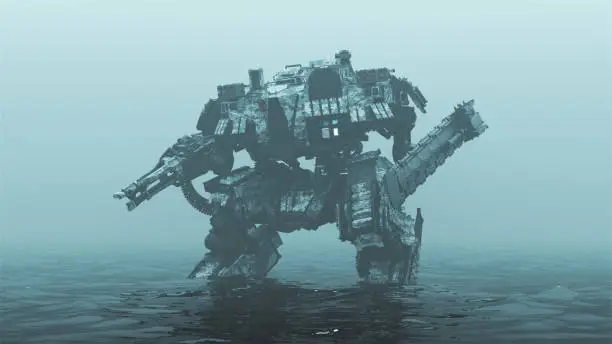 Futuristic AI Battle Droid Cyborg Mech with Glowing Lens Standing in Water in a Foggy Overcast Environment 3d illustration 3d render