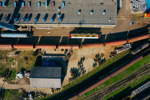 istock Top view of colorful cargo trains. 1183708119