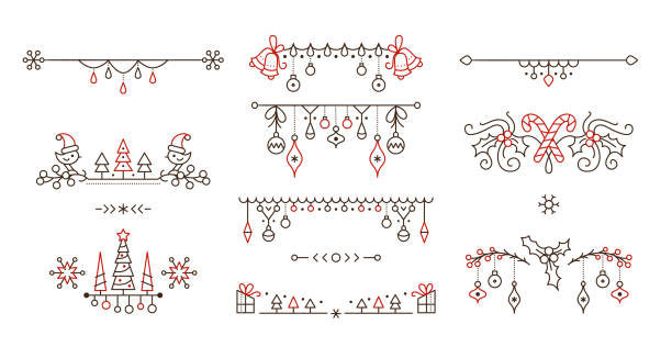 illustrazioni stock, clip art, cartoni animati e icone di tendenza di set di bordi decorativi vettoriali lineari di natale - decoration christmas christmas ornament christmas decoration