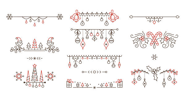 Christmas linear vector decorative borders set Christmas linear vector decorative borders set. Christmas outline decorative borders set. Winter season holiday page dividers isolated pack. New year festive decor for greeting card. Xmas tree hanging baubles design elements. frame border clipart stock illustrations