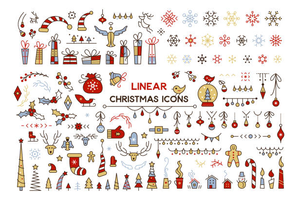 Winter season decor vector color illustrations set Winter season decor vector color illustrations set. Christmas holiday symbols. Fir tree hanging baubles icons pack on white background. Xmas items isolated cliparts. New Year festive decoration clothing hang tags stock illustrations