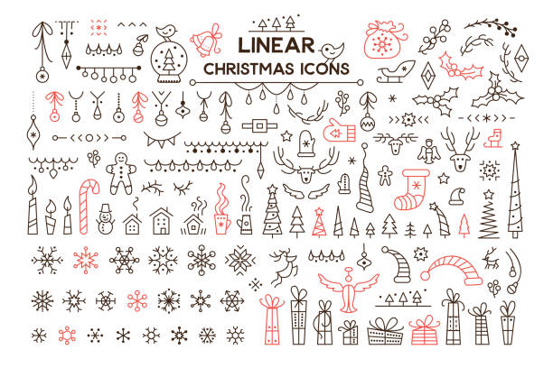 Winter holidays decoration vector linear illustrations set Winter holidays decoration vector linear illustrations set. Christmas season symbols. Black and red contour icons pack on white background. Snowflake, present isolated cliparts. New Year festive decor christmas clipart stock illustrations
