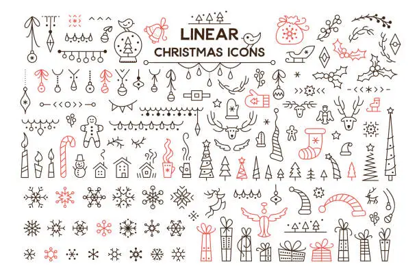 Vector illustration of Winter holidays decoration vector linear illustrations set