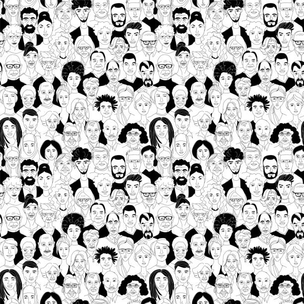 Women's men's head portraits line drawing doodle poster seamless pattern Young, middle age, senior adult women's men's head seamless pattern background. Diversity multiracial, multiethnic crowd group of people. Hand drawn line drawing doodle vector illustration poster portrait drawings stock illustrations